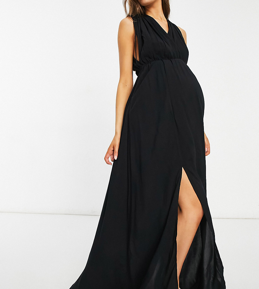 ASOS DESIGN maternity recycled gathered detail maxi beach dress in black