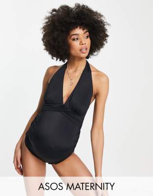 ASOS DESIGN Maternity gathered halter wrap swimsuit in black