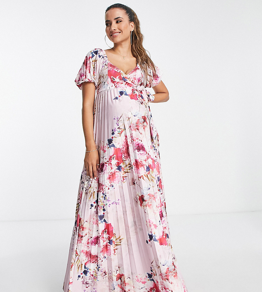 Asos Maternity Asos Design Maternity Puff Sleeve Gathered Front Midi Dress In Floral Print - Multi