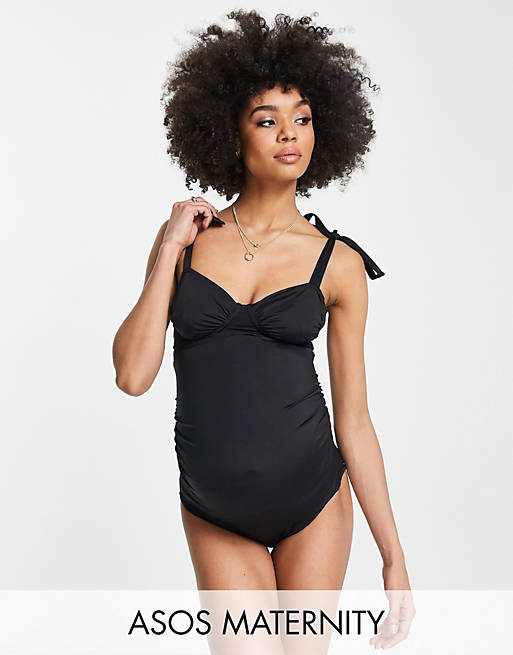  Maternity recycled tie shoulder ruched bust swimsuit in black 