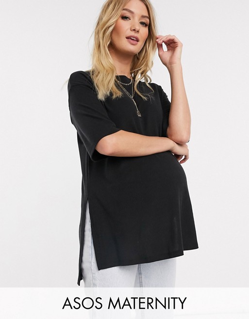 ASOS DESIGN Maternity relaxed longline t-shirt in rib with side splits in black