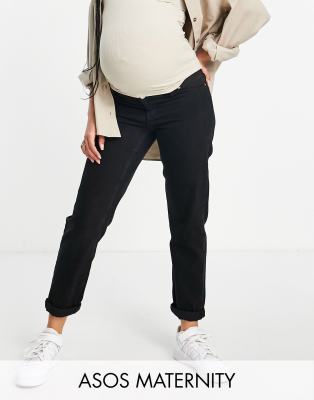 ASOS DESIGN Maternity relaxed mom jeans in black with elasticated side  waistband