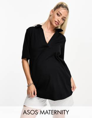 ASOS DESIGN Maternity relaxed polo shirt with deep v in black