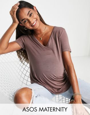ASOS DESIGN Maternity relaxed v neck t-shirt in brown