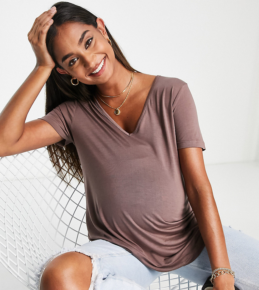 ASOS DESIGN Maternity relaxed v neck T-shirt in brown