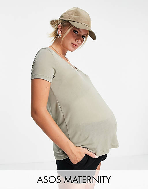 ASOS DESIGN Maternity relaxed v-neck t-shirt in khaki