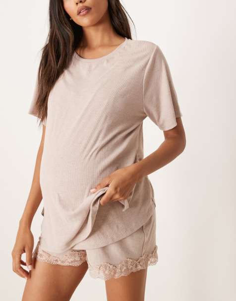 ASOS DESIGN Maternity rib & lace tee and short pyjama set in brown - view 1