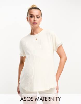 ASOS Maternity ASOS DESIGN Maternity rib & lace tee & short pyjama set in cream-White