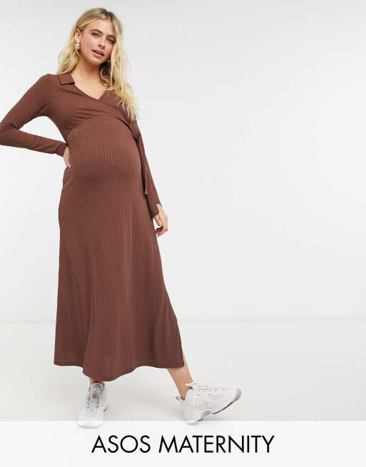 ASOS DESIGN Maternity rib maxi wrap dress with long sleeves in chocolate brown