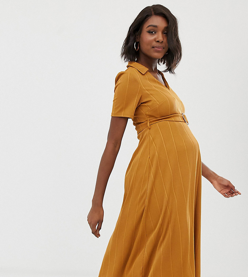 ASOS DESIGN Maternity rib midi shirt dress with faux tortoiseshell buckle-Yellow