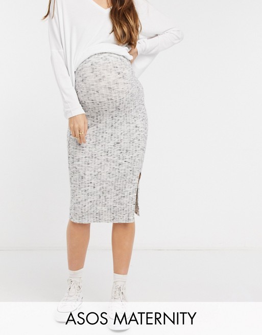 ASOS DESIGN Maternity rib pencil midi skirt with split detail in space dye grey