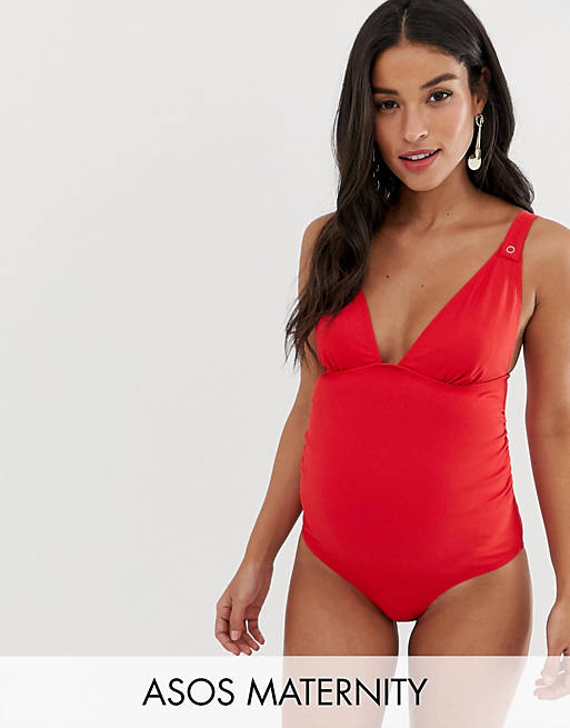 ASOS DESIGN Maternity rib popper fastening detail swimsuit in red
