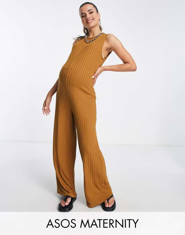 ASOS DESIGN - maternity rib sleeveless smock jumpsuit in tobacco