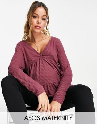 ASOS DESIGN Maternity rib smock top with long sleeve in aubergine