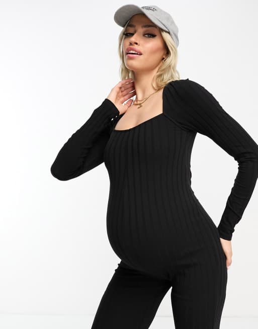 ASOS DESIGN rib long sleeve unitard romper in black