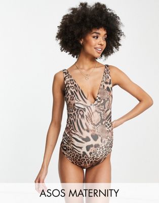 ASOS DESIGN Maternity rib swimsuit in leopard animal print-Multi