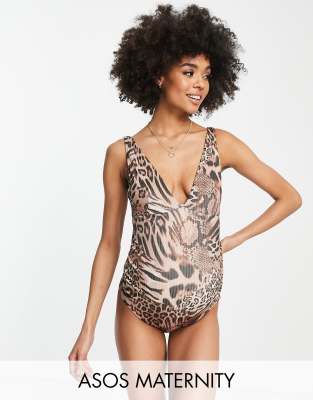 ASOS DESIGN Maternity swimsuit in leopard print