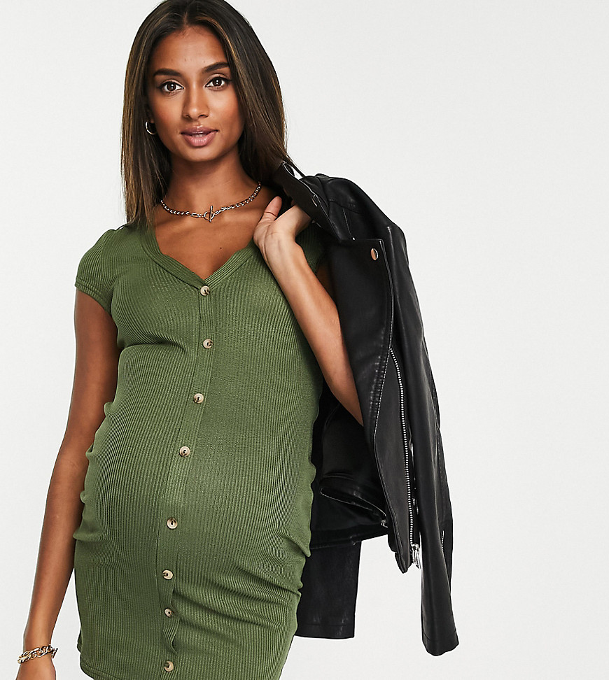 Asos Maternity Asos Design Maternity Ribbed Cap Sleeve Mini Shirt Dress In Khaki-green