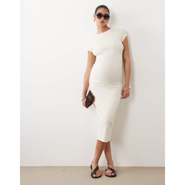 ASOS DESIGN Maternity ribbed cap sleeve ruched midi dress in cream | ASOS