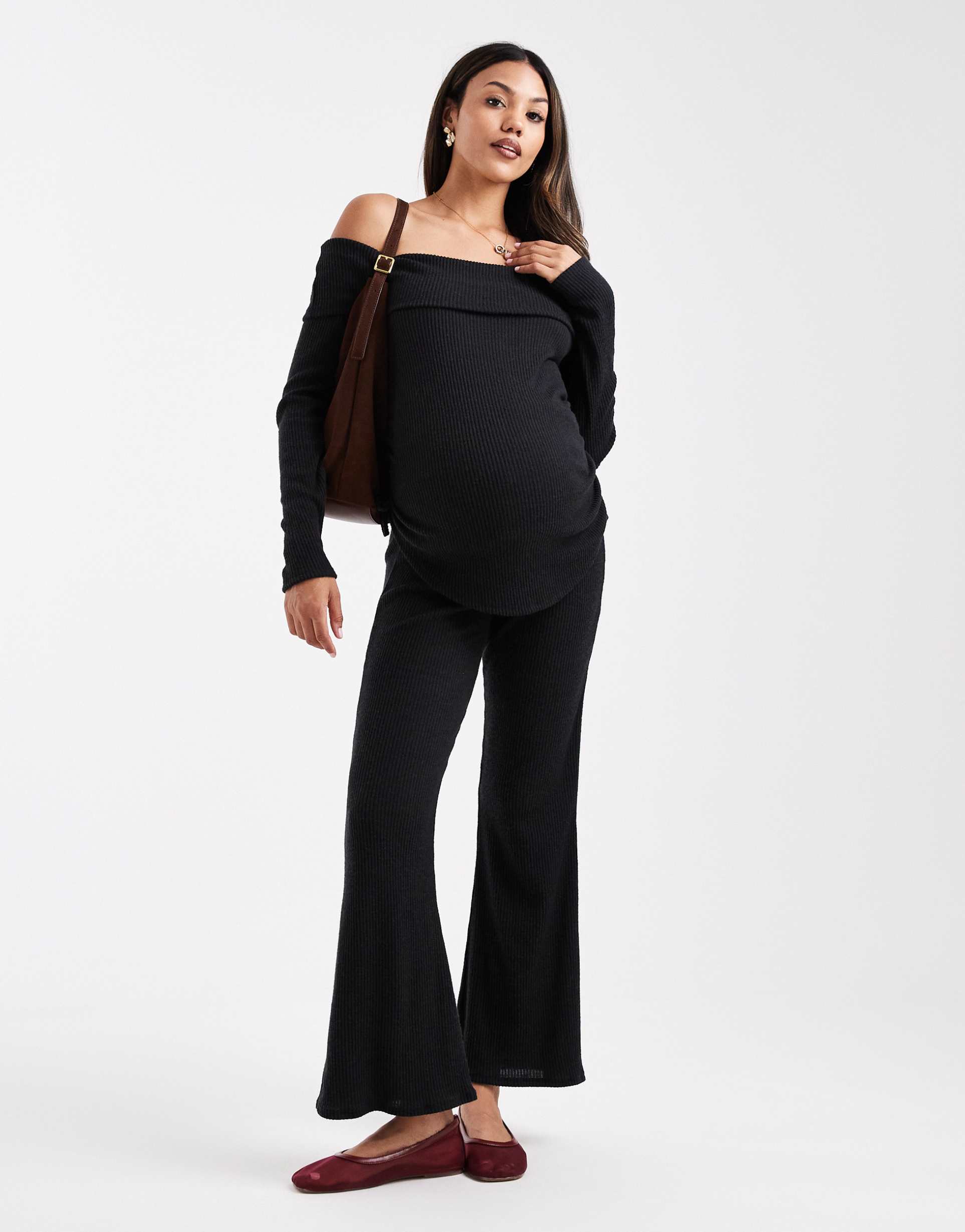 asos design maternity ribbed flare pants in black - part of a set