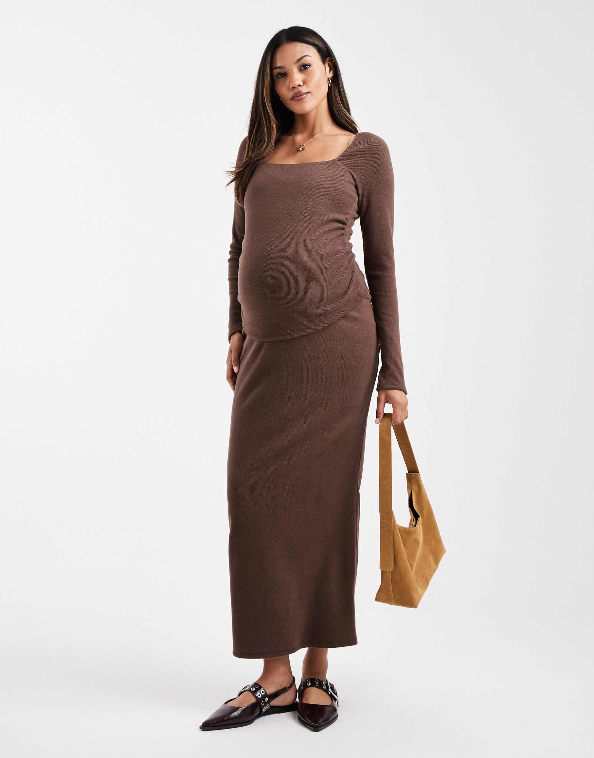 asos design maternity ribbed maxi skirt in chocolate - part of a set