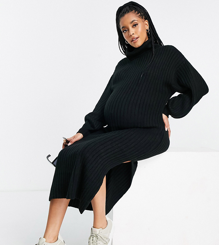 ASOS DESIGN Maternity ribbed midi dress with roll neck in black