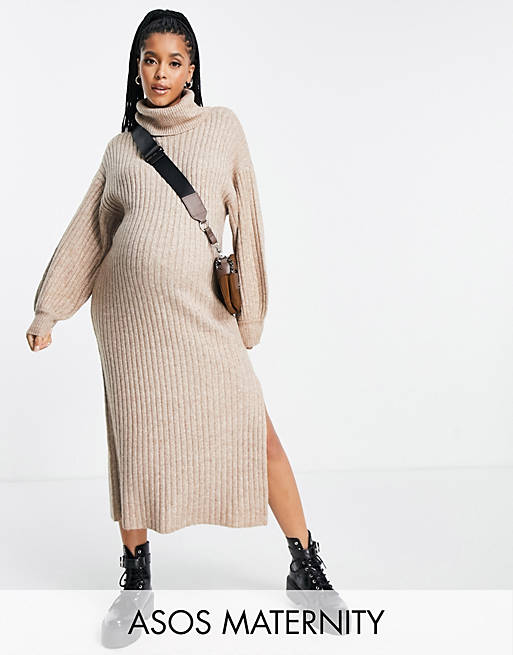 ASOS DESIGN Maternity ribbed midi dress with roll neck in taupe