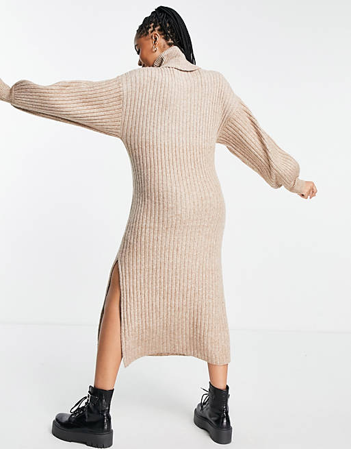 Dresses Maternity ribbed midi dress with roll neck in taupe 
