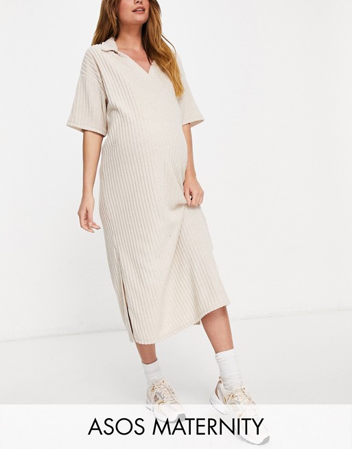 ASOS DESIGN Maternity ribbed midi v neck dress with collar in oatmeal