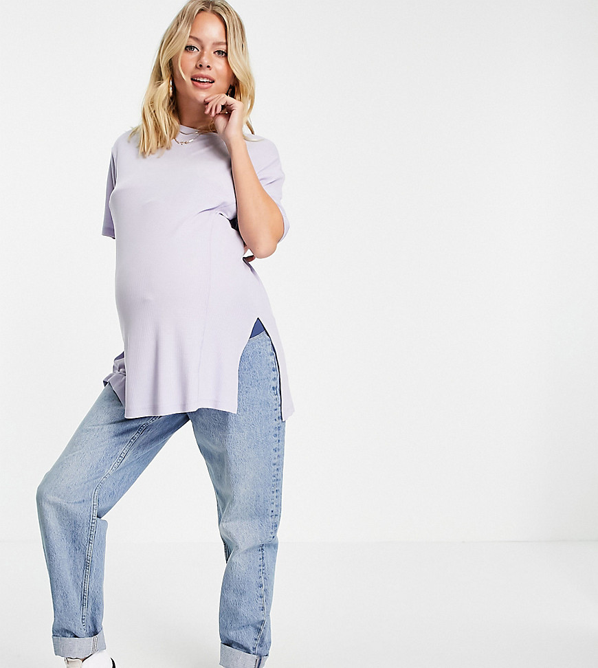 Asos Maternity Asos Design Maternity Ribbed Oversized T-shirt With Side Slits And Stitch Detail In Lilac-purple