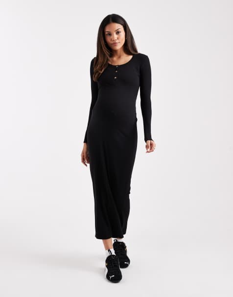 ASOS DESIGN Maternity ribbed scoop button midi dress with tie detail in black - view 1