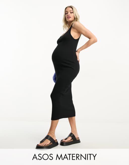 ASOS DESIGN Maternity ribbed scoop neck midi tank dress in black | ASOS