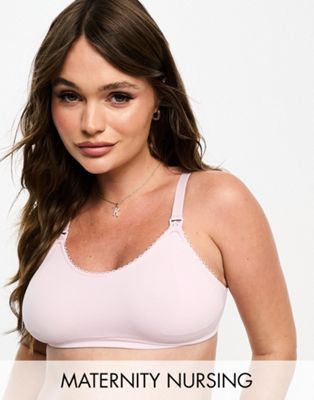 ASOS DESIGN Maternity ribbed seamless nursing bra with picot trim in dusty pink