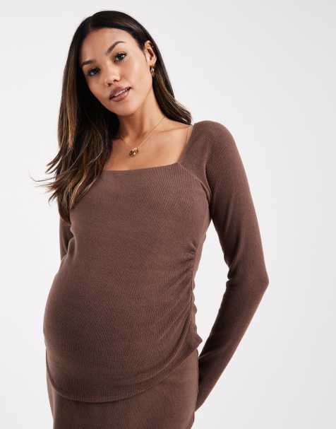 ASOS DESIGN Maternity ribbed square neck long sleeve top in chocolate - part of a set - view 1
