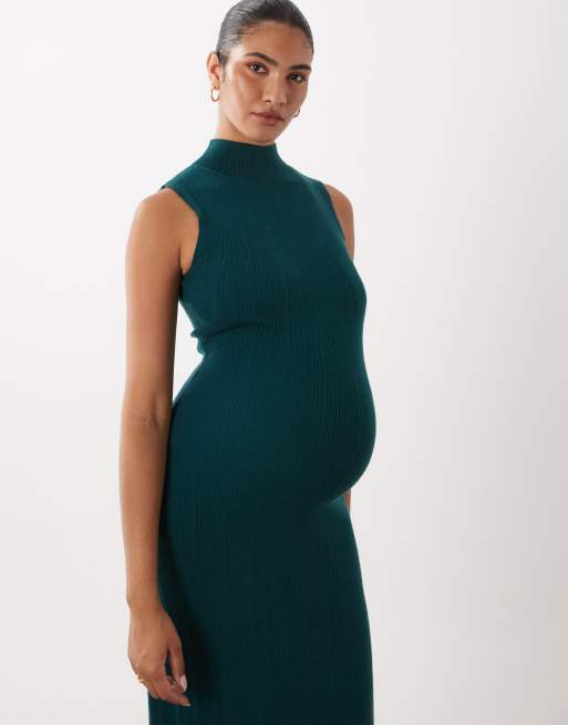 ASOS DESIGN Maternity ribbstickad ärmlös midaxi-klänning med ståkrage i skogsgrönt, 2 av 4