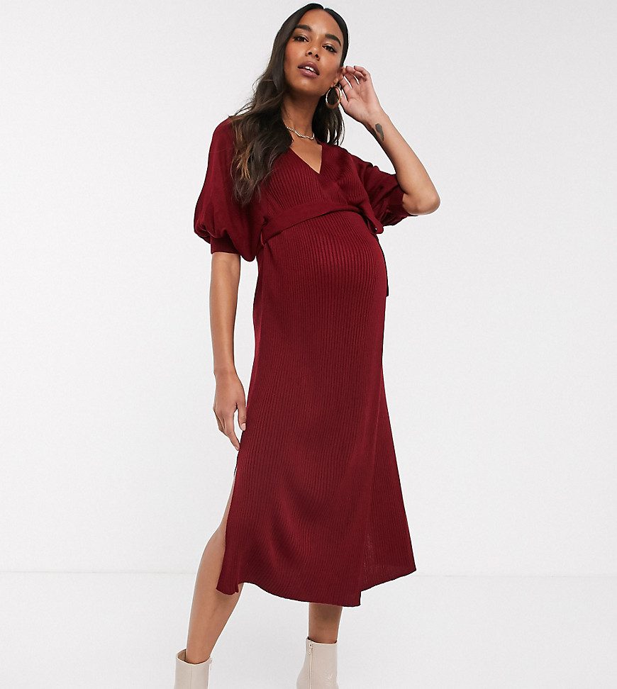ASOS DESIGN – Maternity – Ribbstickad midiklänning med omlott och volymärm-Röd