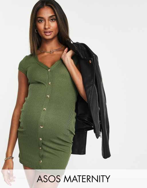 ASOS DESIGN Maternity - Ribstrikket mini-skjortekjole i kaki med korte ærmer