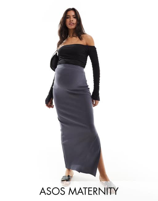 ASOS DESIGN Maternity - Ribstrikket mørkegrå maxinederdel med sideslids