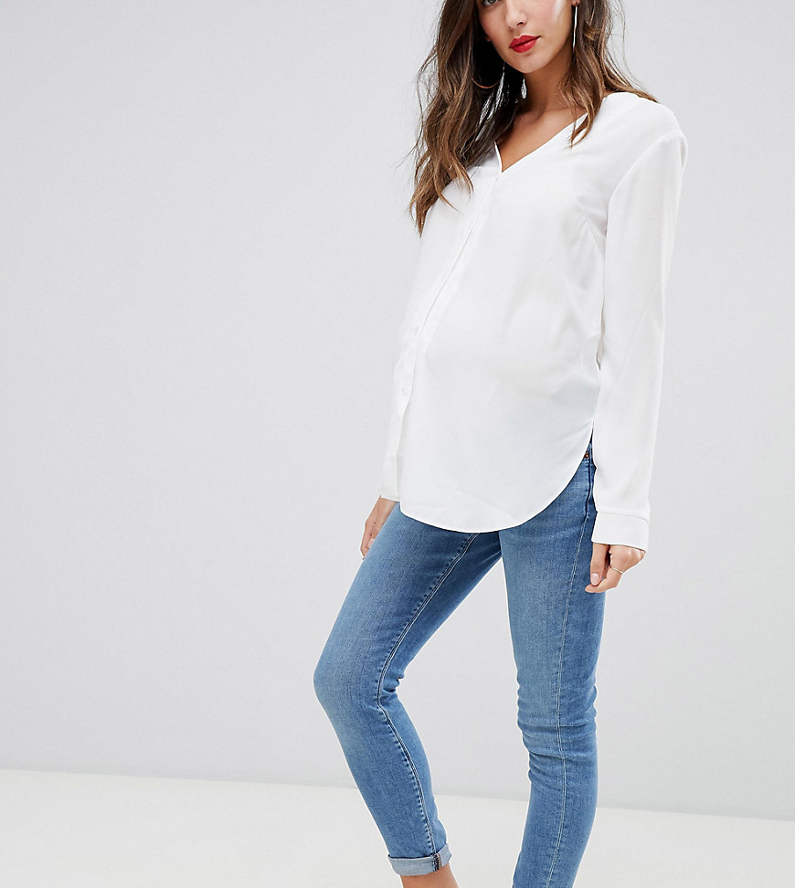ASOS DESIGN Maternity – Ridley – Blå stentvättade skinny jeans med hög midja och midjeband som går över magen