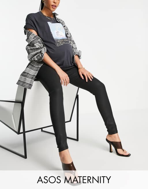 ASOS DESIGN Maternity – Ridley – Czarne powlekane obcisłe jeansy z podwyższonym stanem