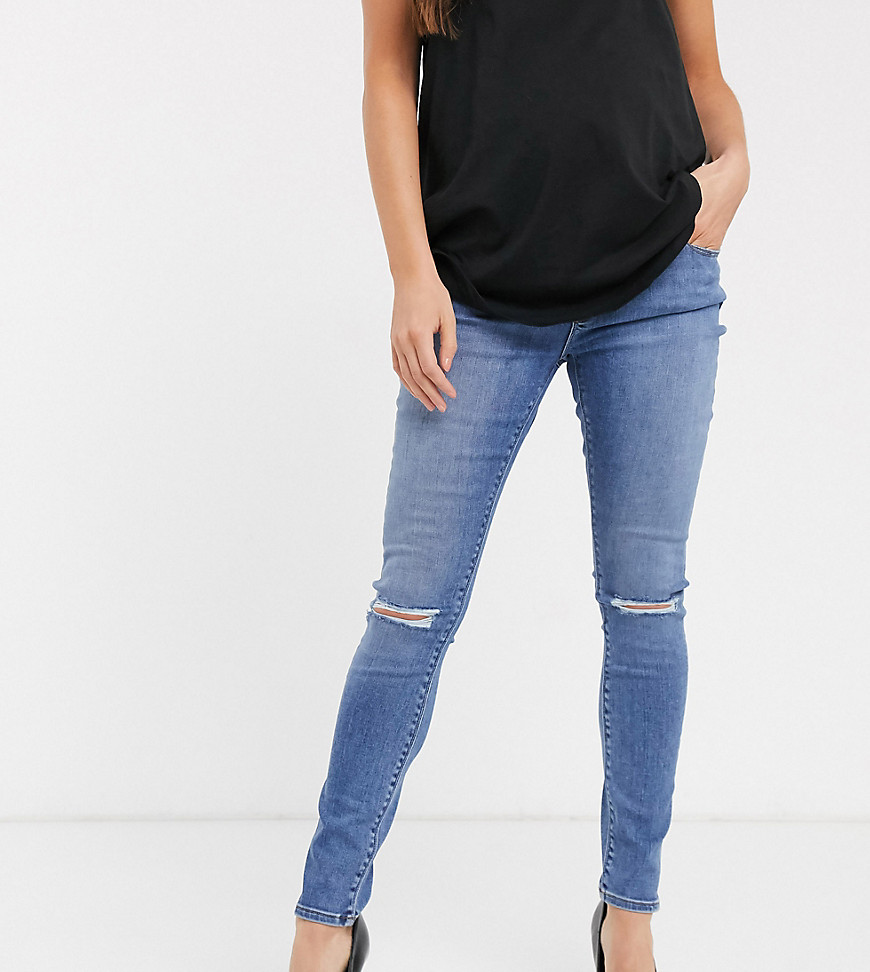 ASOS DESIGN Maternity Ridley high waist skinny jeans with rips in mid stonewash-Blue