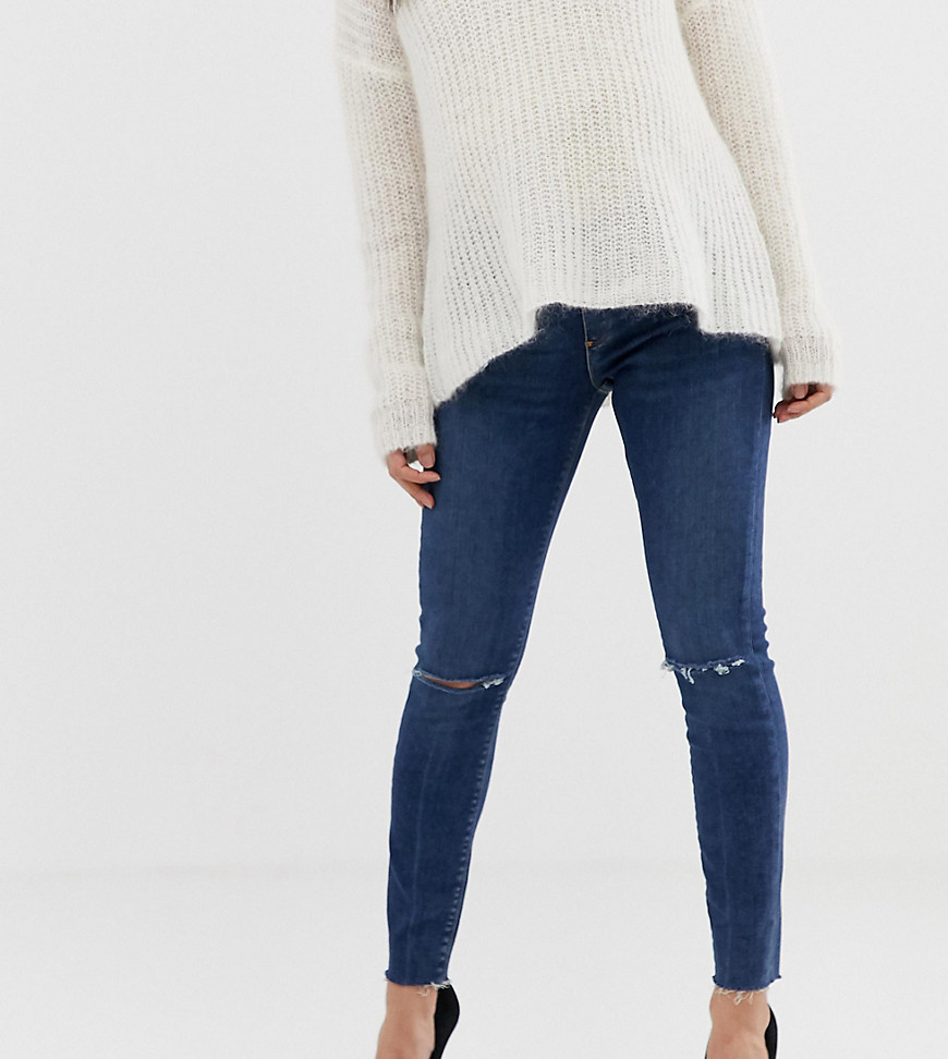 ASOS DESIGN Maternity - Ridley - Skinny jeans met hoge taille, gescheurde knieen en onder de buik vallende tailleband in blauwe dark wash