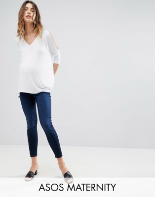 Asos Maternity - Asos design maternity - ridley - skinny jeans met hoge taille in blue black wash met onder de buik vallende tailleband-blauw