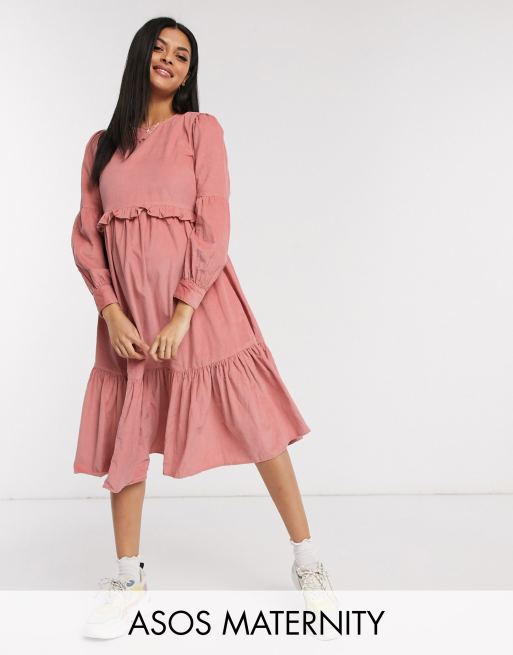 ASOS DESIGN Maternity Robe babydoll mi longue en velours c tel volants Rose p le