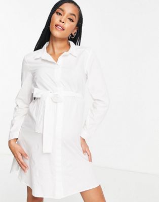 Robes DESIGN Maternity - Robe chemise courte en coton avec ceinture à nouer - Blanc