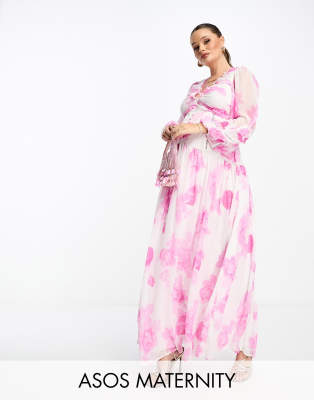 ASOS DESIGN Maternity - Robe longue boutonnée à nervures avec empiècements en dentelle à grand imprimé fleurs - Rose