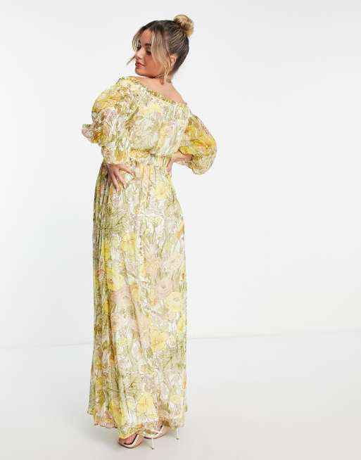 ASOS DESIGN Maternity - Robe longue rayée à épaules dénudées avec manches blouson et imprimé fleuri style prairie, 3 de 4