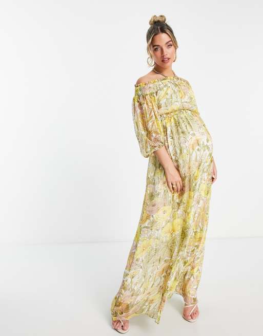 ASOS DESIGN Maternity - Robe longue rayée à épaules dénudées avec manches blouson et imprimé fleuri style prairie, 4 de 4
