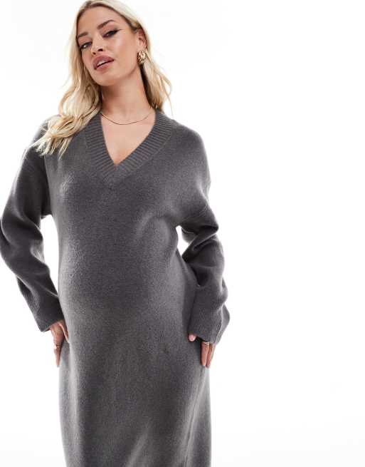 ASOS DESIGN Maternity - Robe longueur mollet en maille à col en V - Anthracite, 3 de 4