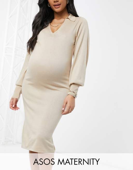 ASOS DESIGN Maternity - Robe mi-longue à col ouvert - Taupe